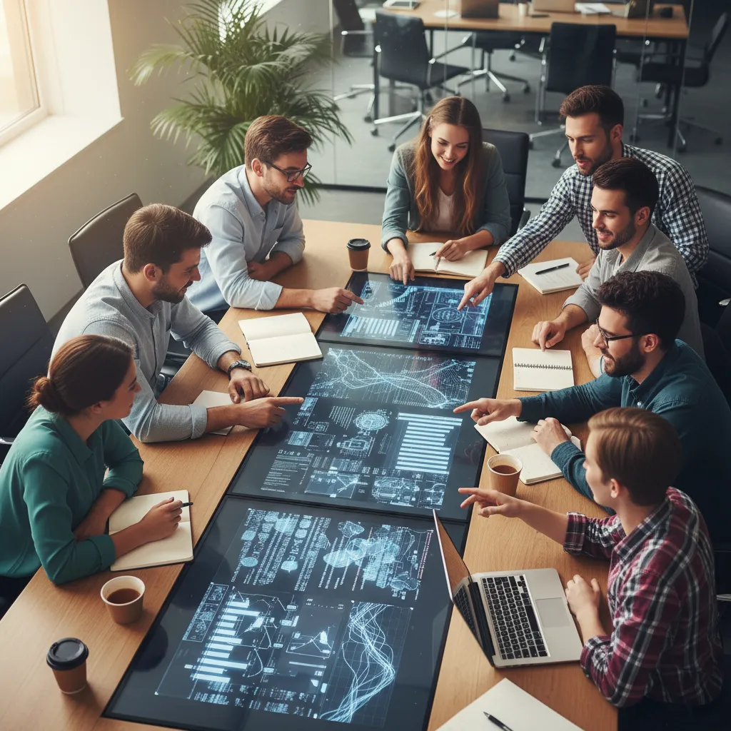 Diverse team of innovators collaborating intensely around a table, symbolizing how venture capital fuels innovation and strategic development.