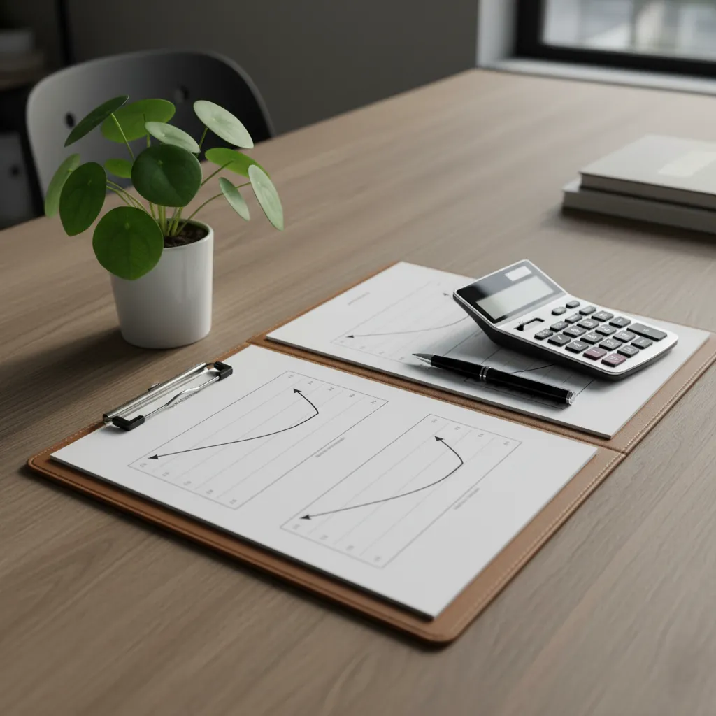 Financial planning documents, calculator, and pen on a desk, representing long-term wealth strategy and growth.