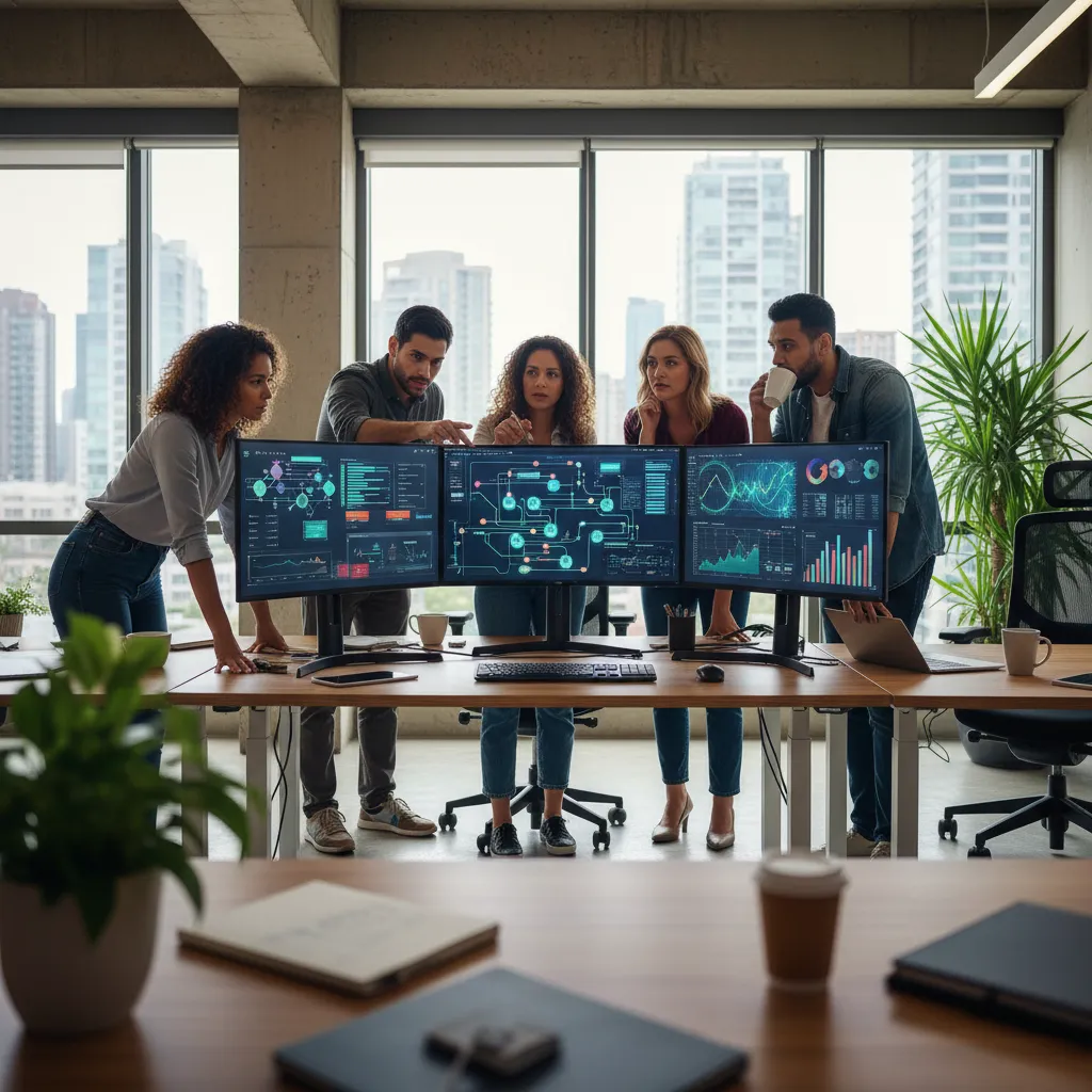A diverse team collaborating on MLOps best practices, analyzing data pipelines and model performance on multiple screens.