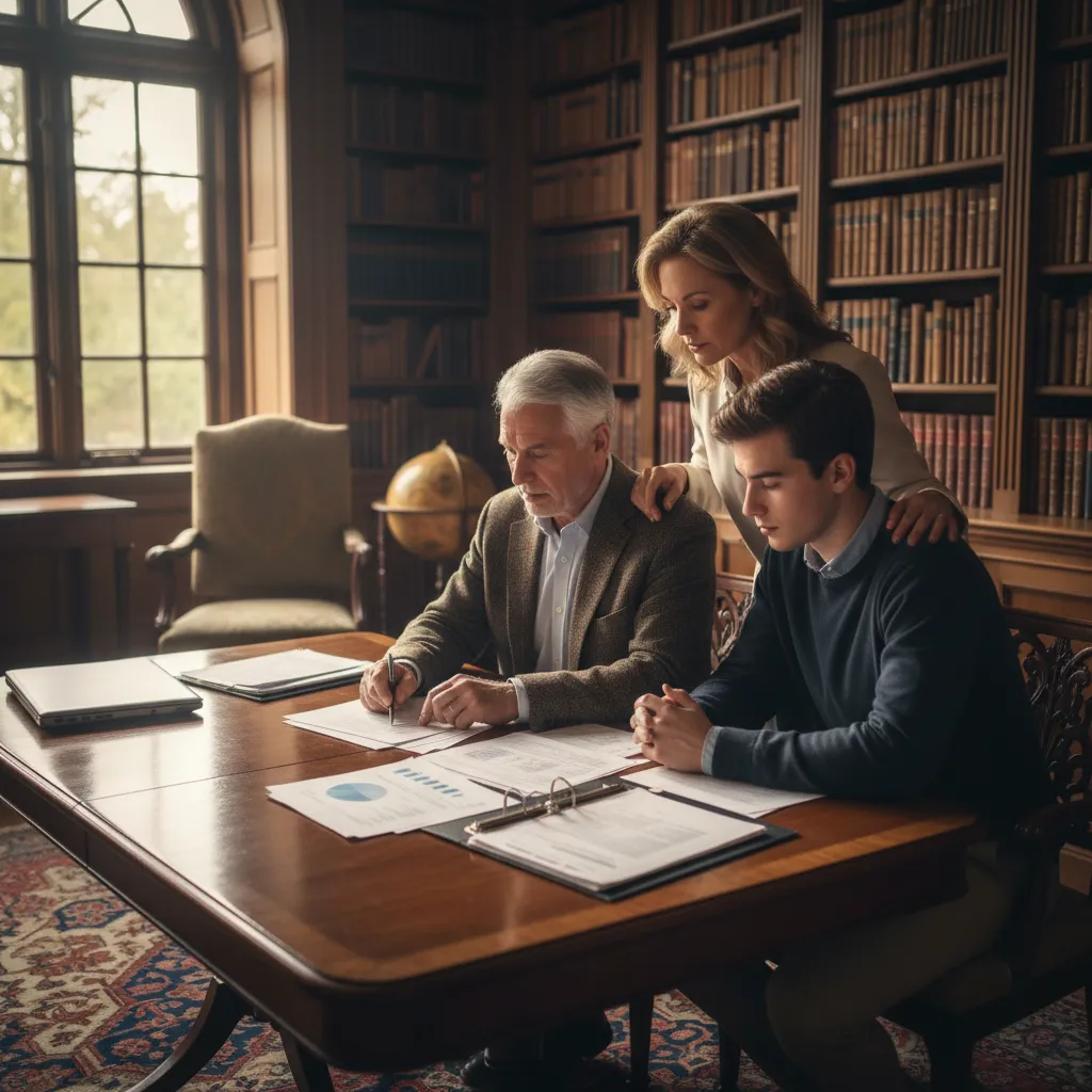 Three generations discussing financial plans, representing multi-generational wealth preservation.