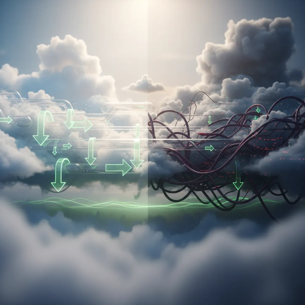 Visual comparison of an optimized cloud environment with strong governance versus an unoptimized, chaotic one