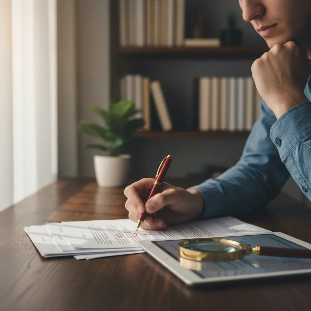 Person carefully reviewing a detailed credit report, highlighting the importance of accuracy and error checking
