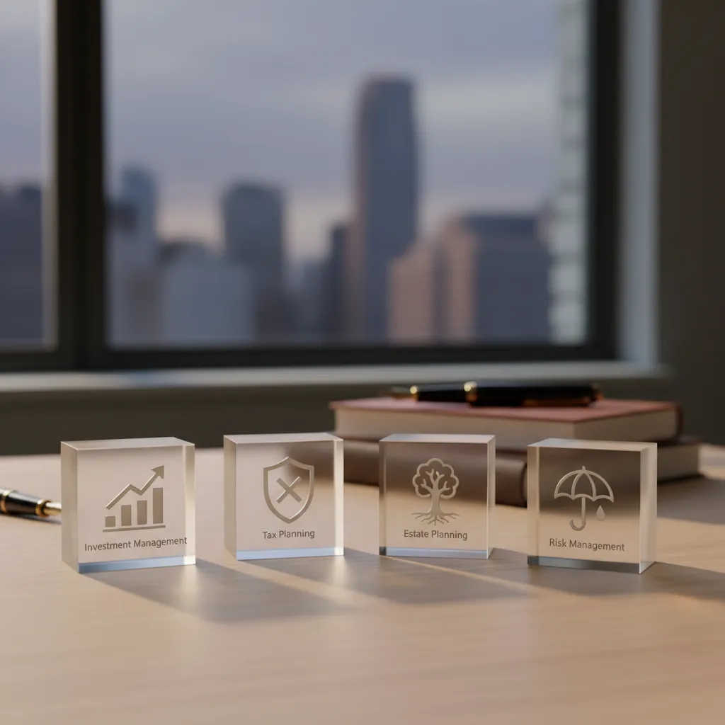 Infographic showing key pillars of financial planning for high net worth individuals: investments, tax, estate, and risk