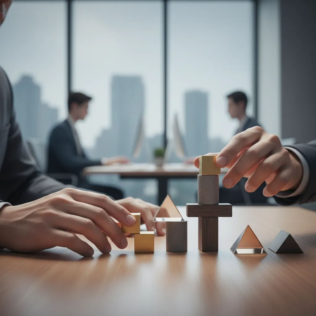 Hands carefully arranging financial building blocks, symbolizing the strategic construction of an investment portfolio with options.