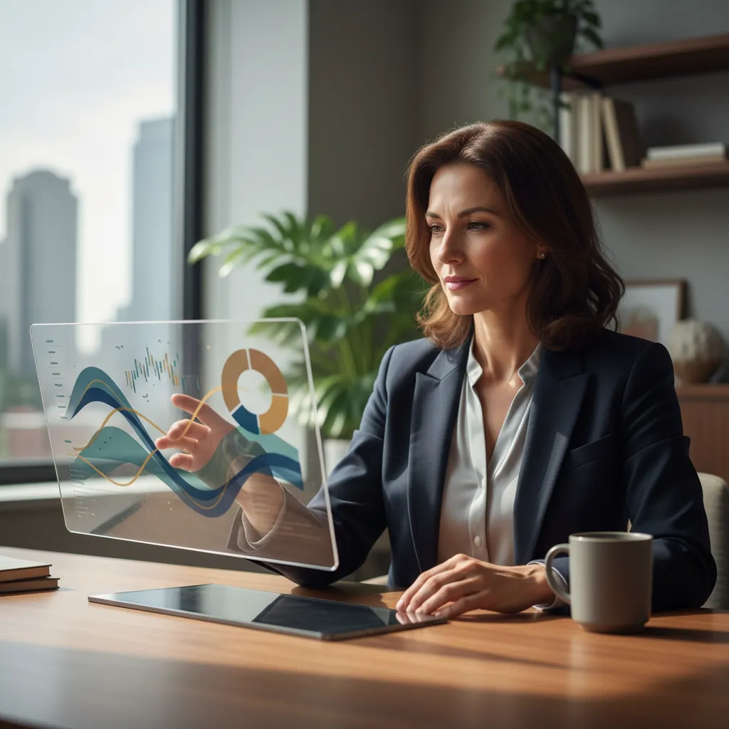 A financial strategist reviewing a growing, balanced investment portfolio on a tablet, symbolizing strategic rebalancing for wealth.