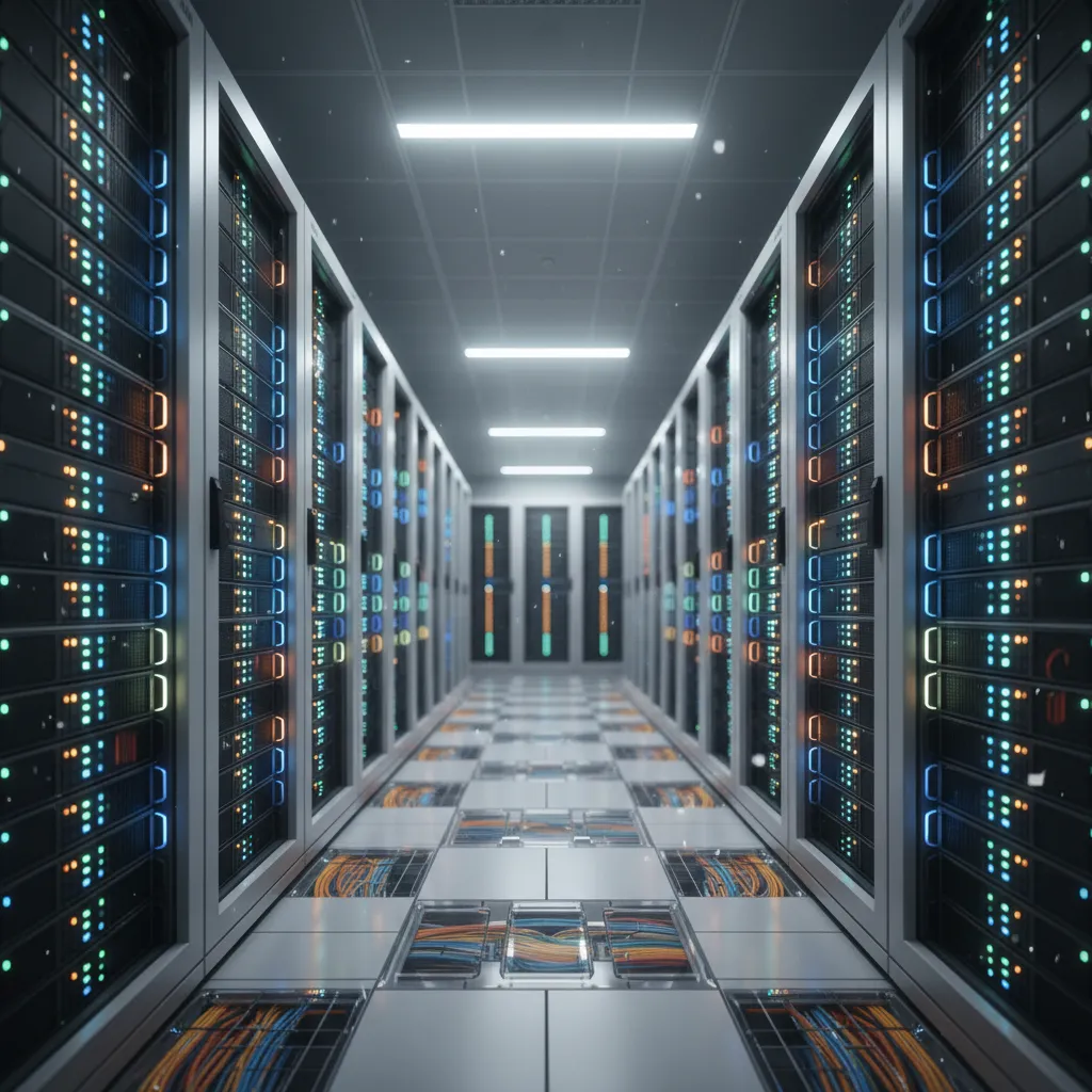 Modern data center infrastructure with server racks and glowing lights, representing predictive analytics technology.