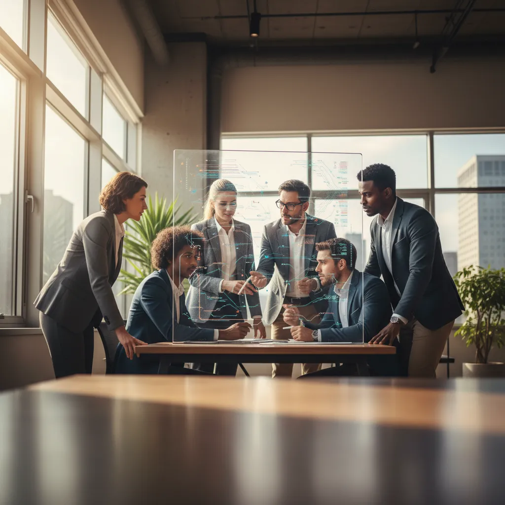 Diverse business team analyzing predictive analytics data for strategic growth in a modern office.