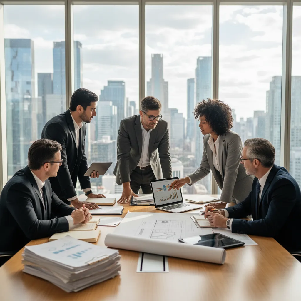 Investors discussing private real estate fund strategies with blueprints and financial charts in a modern office