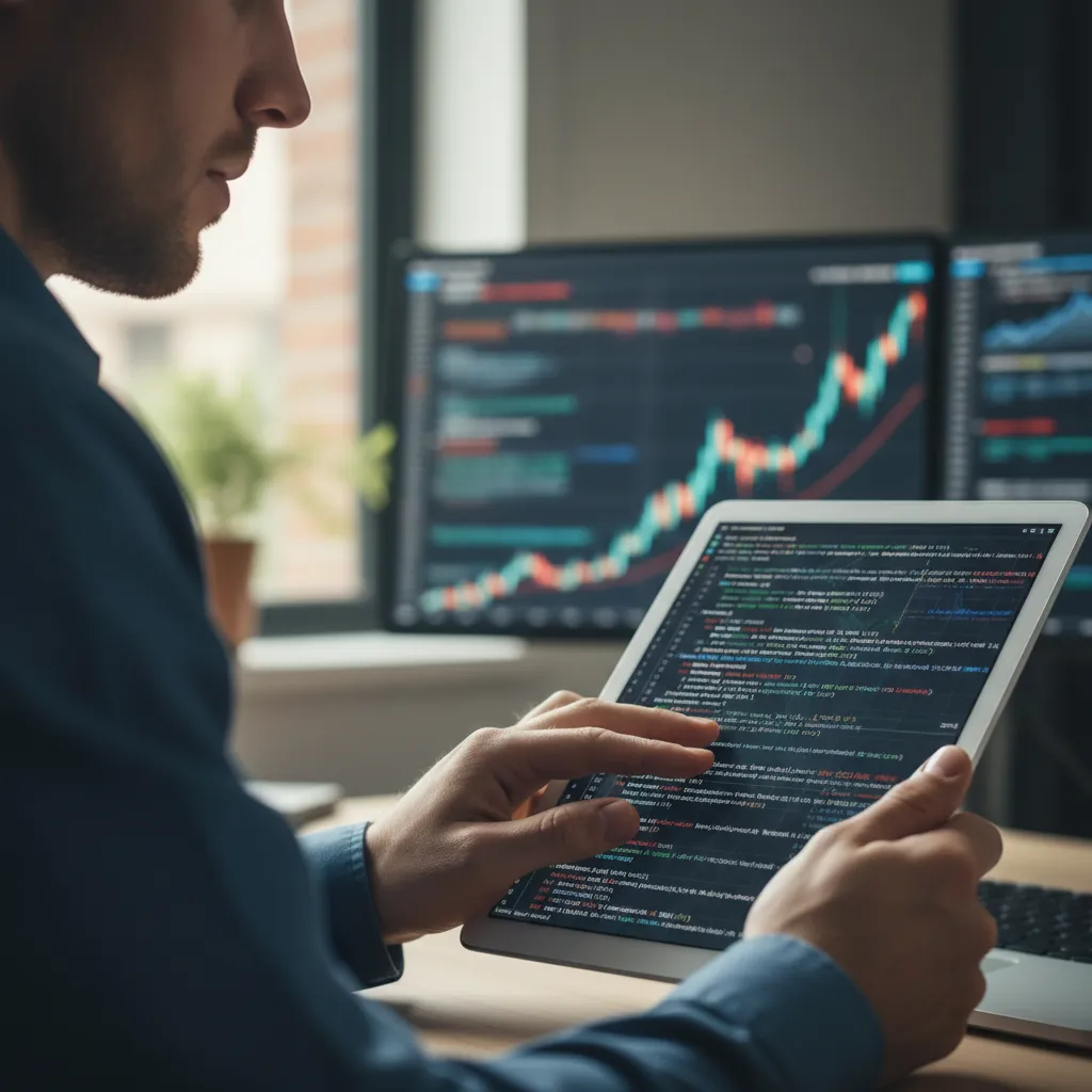 Financial analyst reviewing statistical models and code for quantitative analysis
