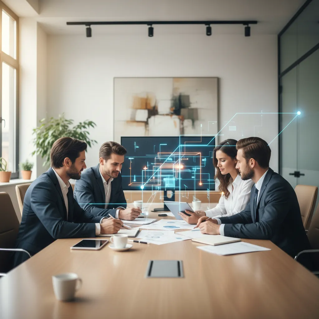 Business professionals discussing R&D tax credit strategies in a modern office.
