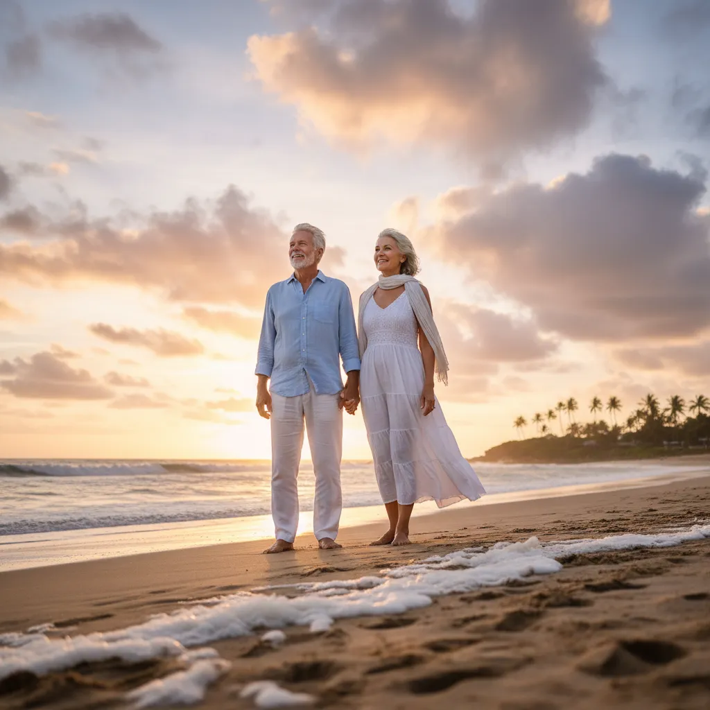 A retired couple enjoying a peaceful sunset on a beach, symbolizing financial freedom and a well-planned retirement.
