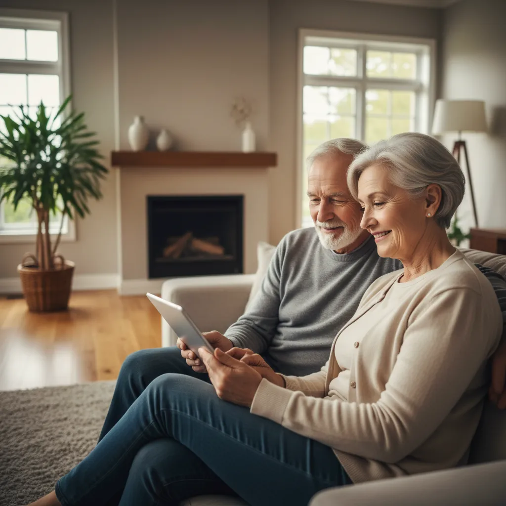 Content elderly couple planning retirement income on a tablet at home