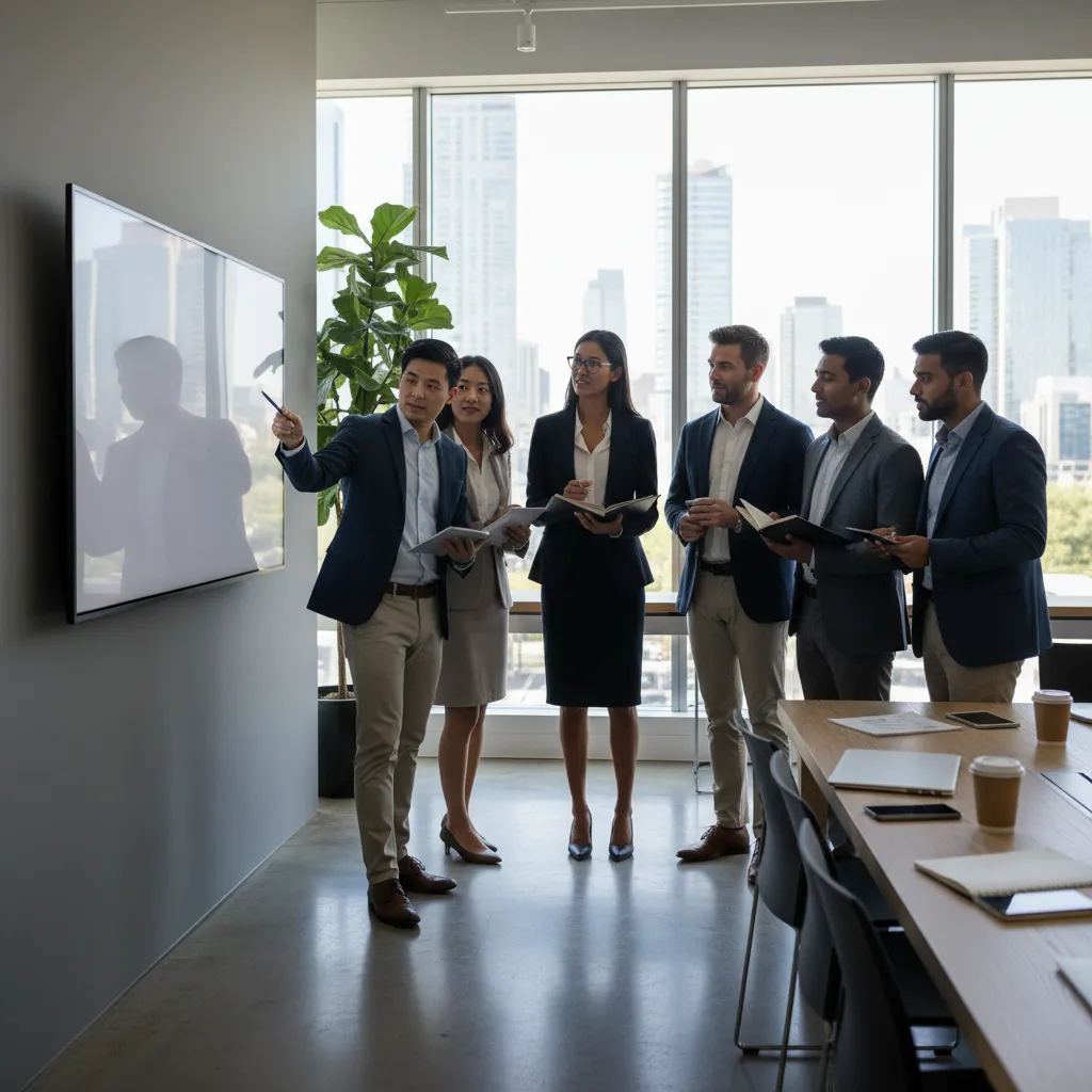 Business team collaborating on a unified revenue operations strategy in a modern office