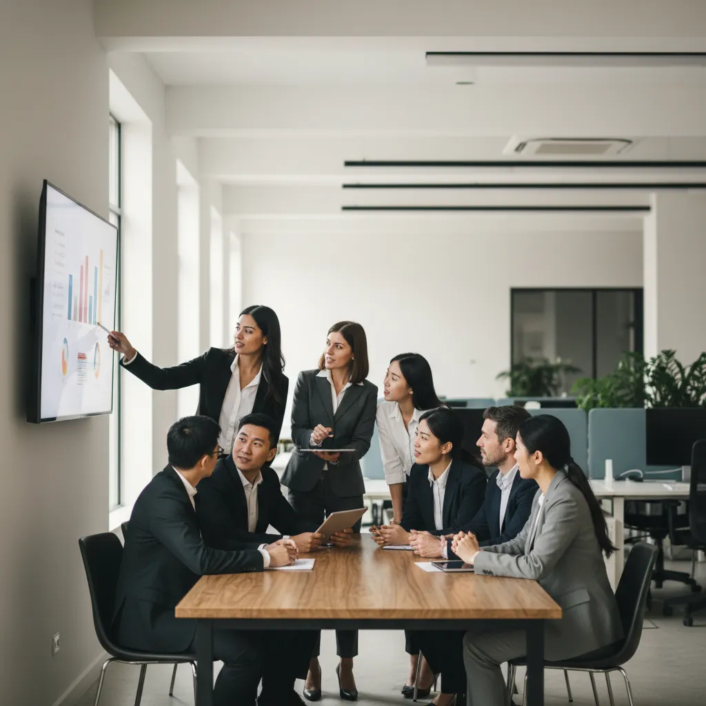 Business team analyzing SaaS churn metrics on a dashboard, collaborating on retention strategies