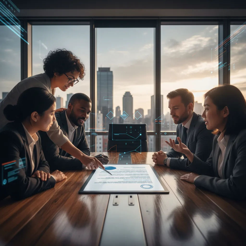 Business professionals analyzing a SaaS contract on a tablet, symbolizing strategic negotiation