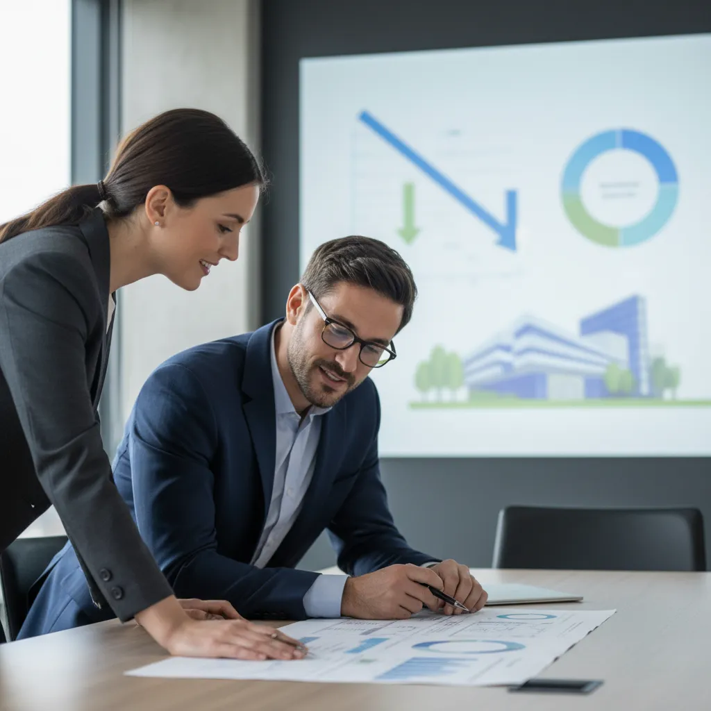 Two colleagues reviewing a financial report, indicating successful SaaS cost savings and efficient operations.