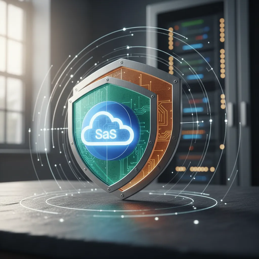 Diagram showing a multi-layered security architecture protecting a central SaaS application.