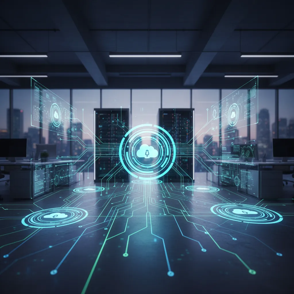 Abstract representation of secure cloud data and network protection for enterprises.