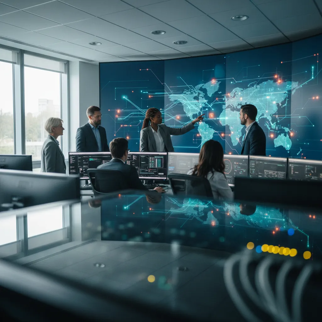 Cybersecurity team monitoring threat alerts on a digital dashboard.