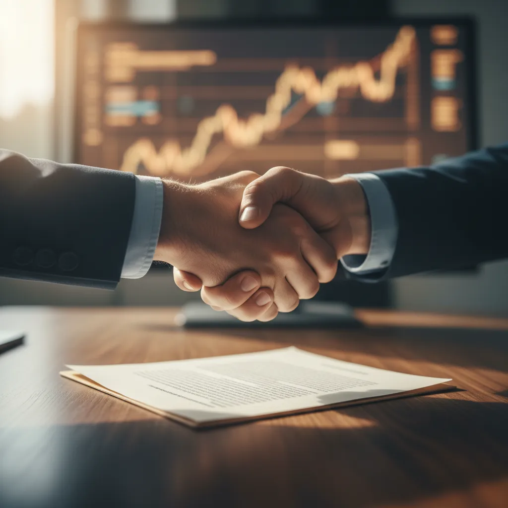 Business professionals shaking hands over a contract, symbolizing successful commercial real estate financing