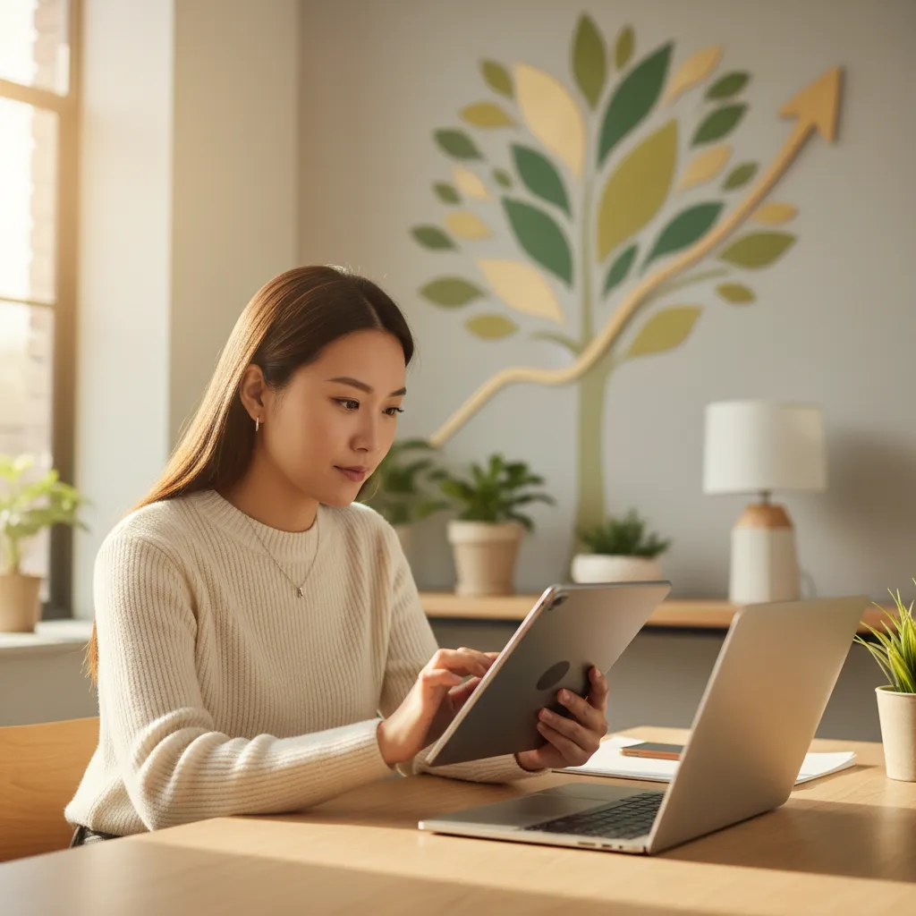 A person thoughtfully analyzing financial data on a tablet, with a subtle, abstract background showing upward trending stock charts, natural lighting, representing strategic investing.