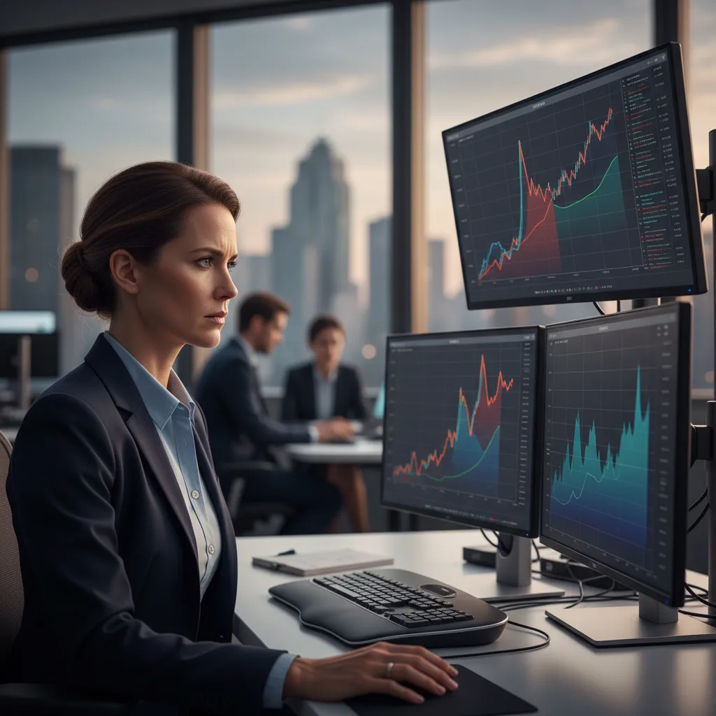 Financial analyst examining economic charts showing inflation and low growth, representing stagflation analysis