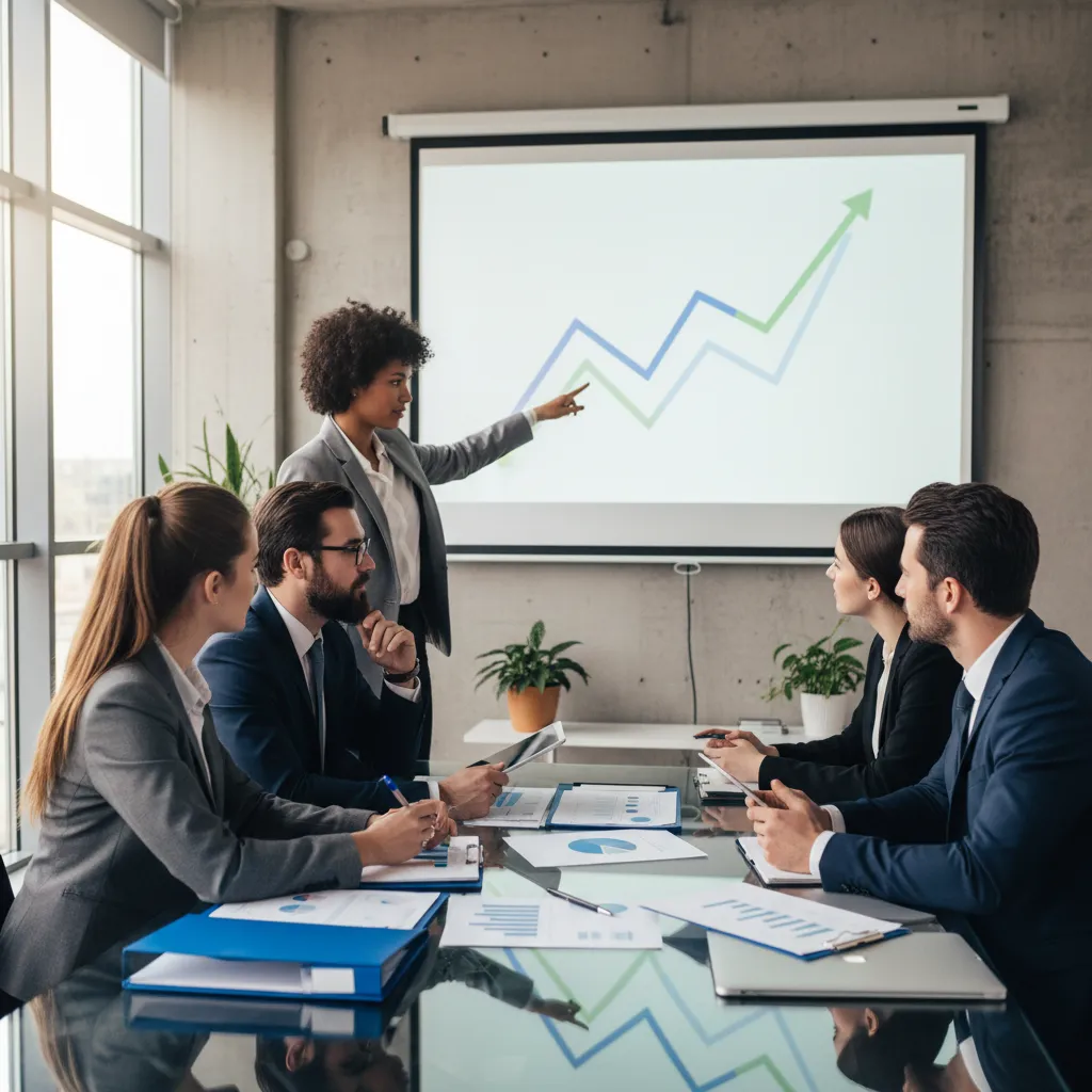 Business owners reviewing financial projections and charts for strategic growth planning