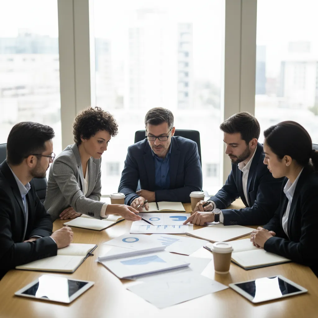 Business professionals analyzing financial reports and valuation strategies