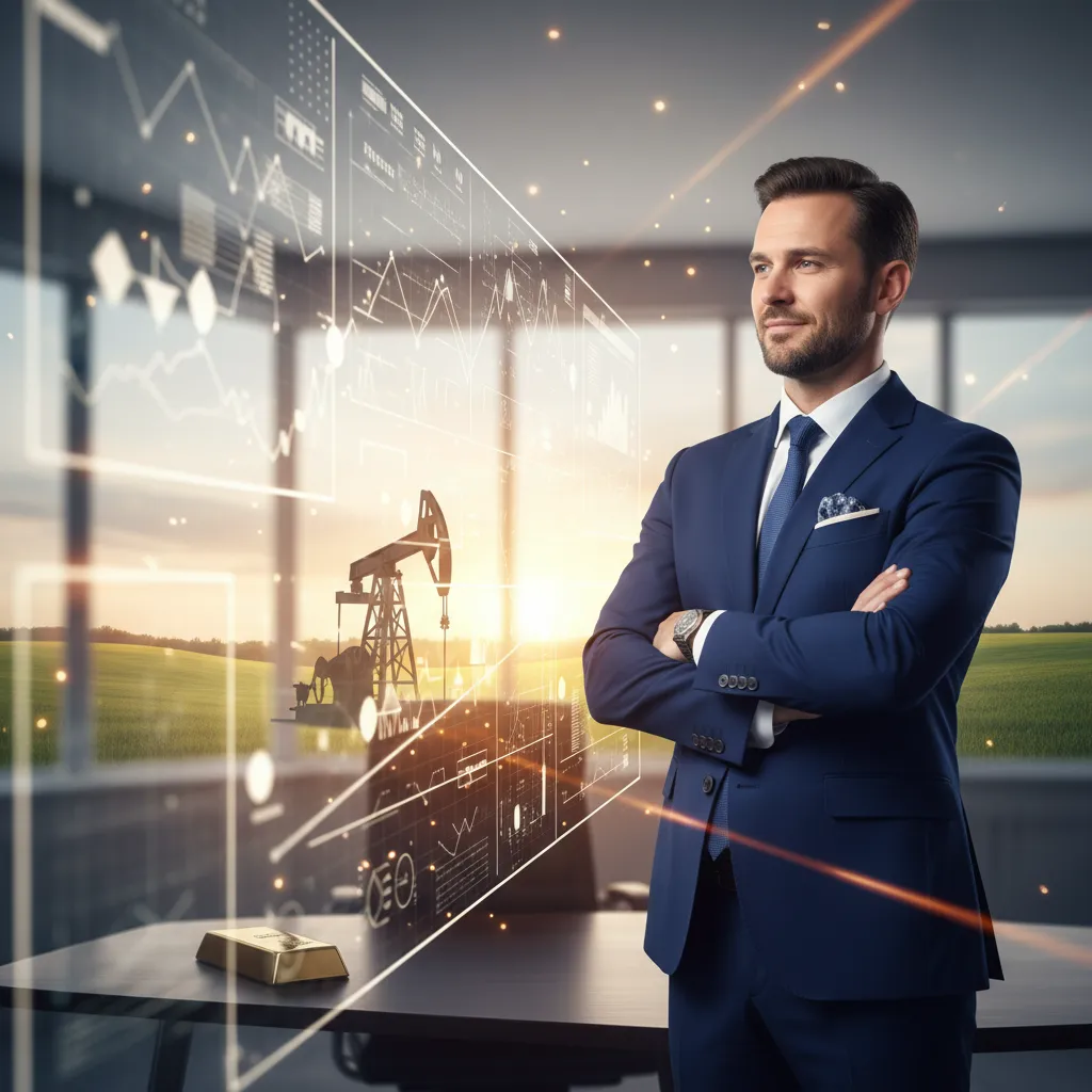 Investor analyzing global market data with commodities in background, symbolizing strategic investment