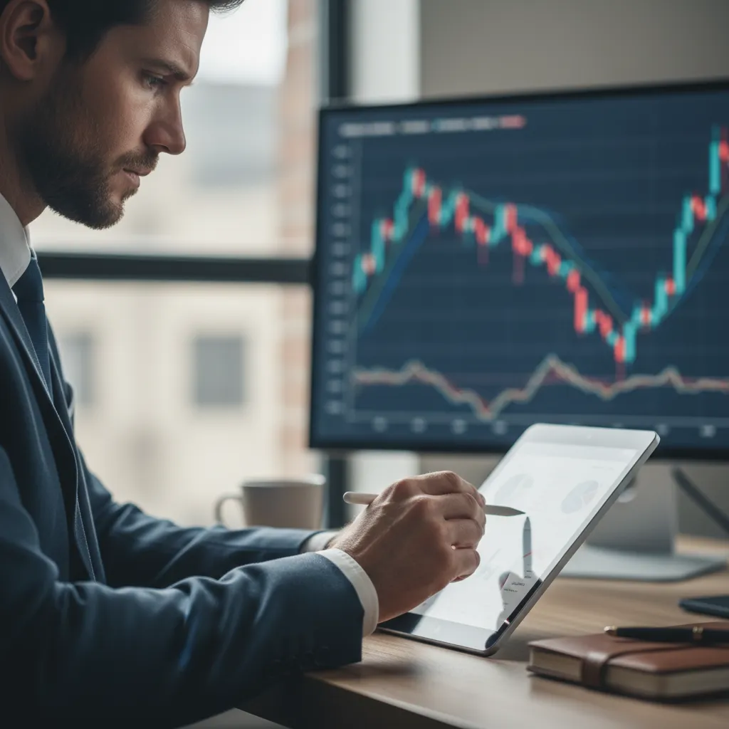 Investor reviewing financial statements on a tablet with a graph showing market fluctuations in the background, symbolizing strategic financial planning.