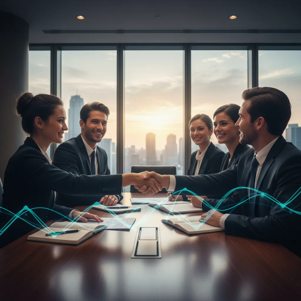 Two business teams shaking hands, symbolizing a strategic merger and acquisition for growth.