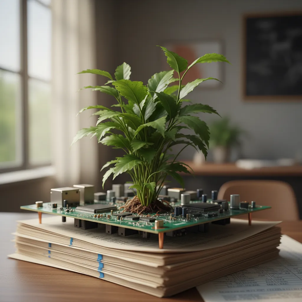 Symbolic image of sustainable growth with a plant emerging from technology, representing AI's role in ESG