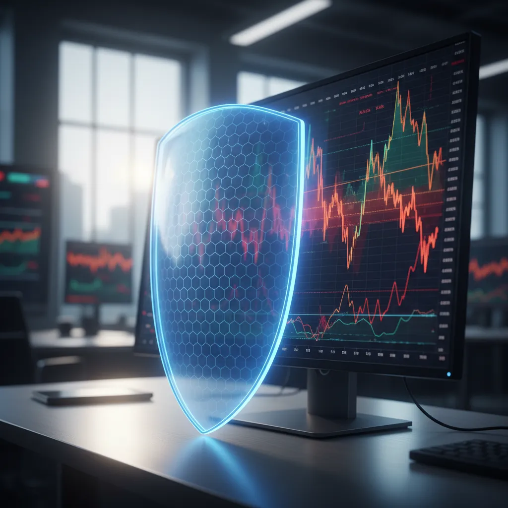 Protective shield over a volatile stock market chart, symbolizing tail risk hedging