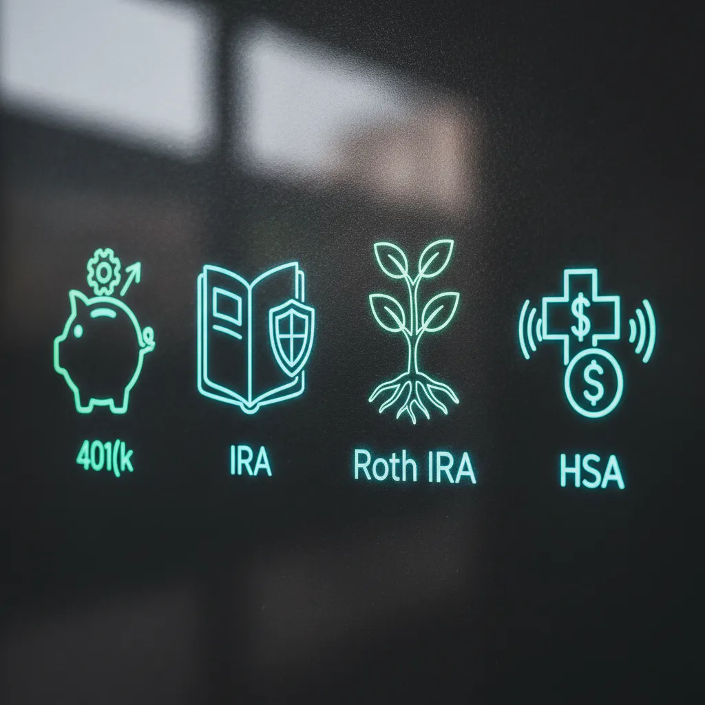 Visual comparison of tax-advantaged investment accounts: 401(k)
, IRA, Roth IRA, HSA