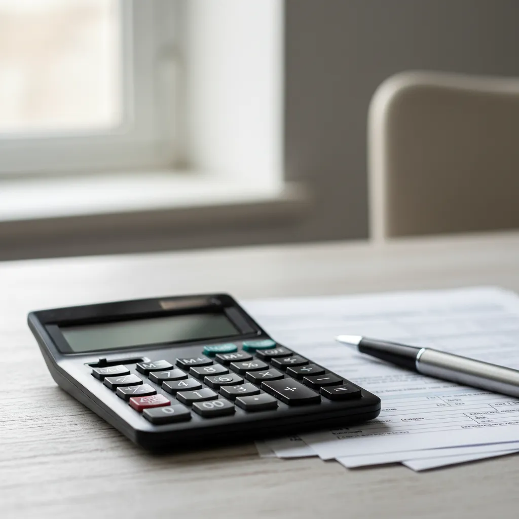 A visual representation of tax documents and a calculator, illustrating the process of calculating capital gains and losses.