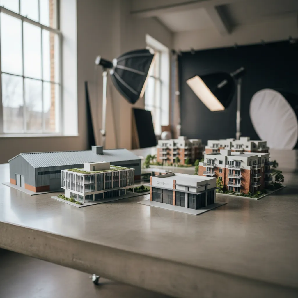 Examples of different commercial real estate property types: office, retail, industrial, multifamily