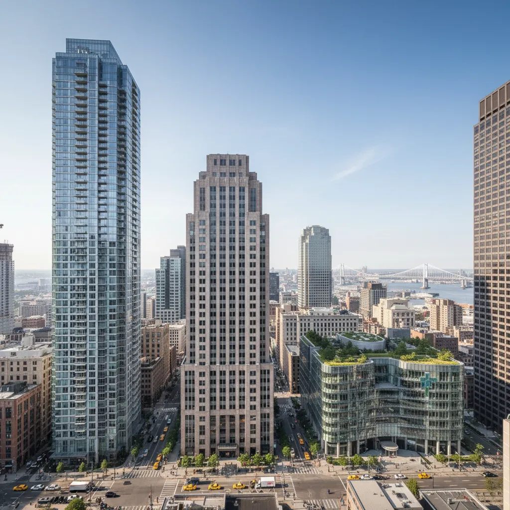 Visual representation of various REIT types, showing different building categories like apartments, offices, and hospitals in a cityscape