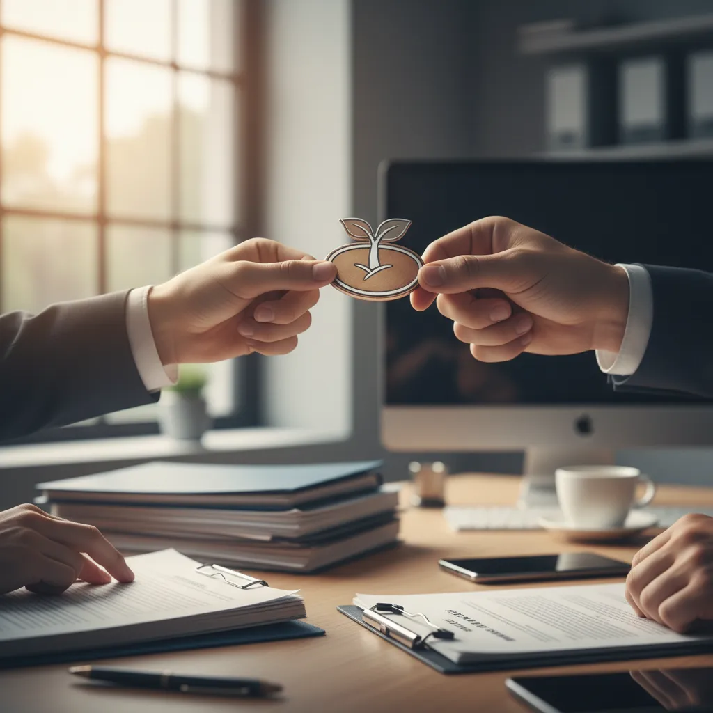 Symbolic transfer of investment funds between hands, representing the venture capital funding process for startups.