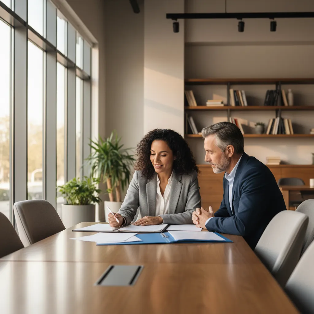 Financial advisor discussing wealth management strategies with clients in a professional office.